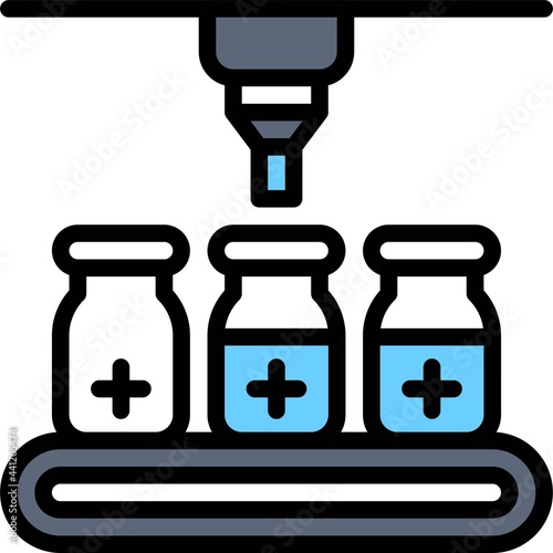 Vaccine bottle on factory belt icon, Vaccine Development related vector