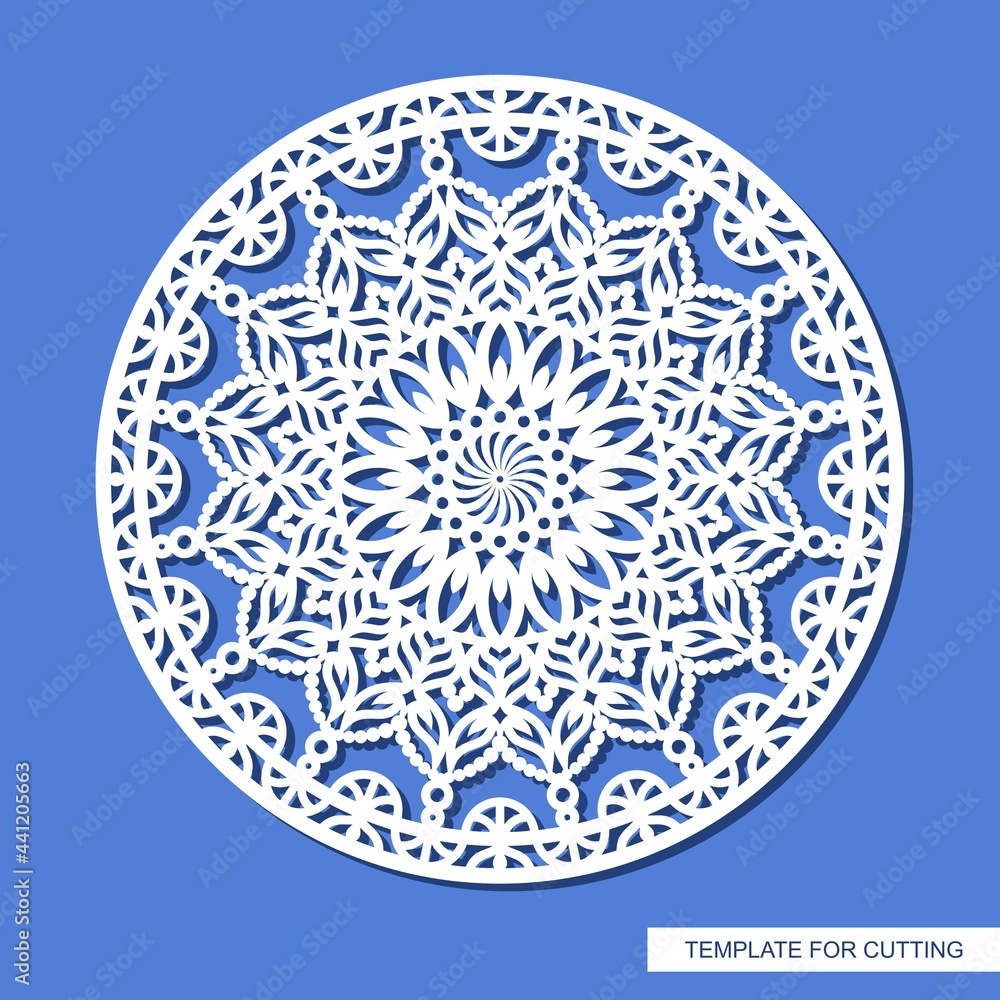 Decorative panel with a mandala. Round openwork element. Abstract floral pattern, carved decor, magic circle. Oriental motive. Vector layout for printing or plotter laser cutting of metal, paper, wood