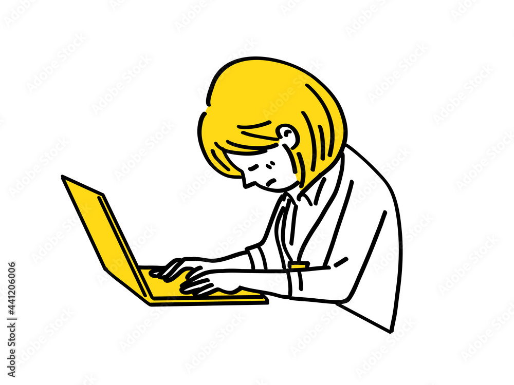 ノートパソコン 女性 仕事 居眠り疲れ 疲労 シンプル イラスト