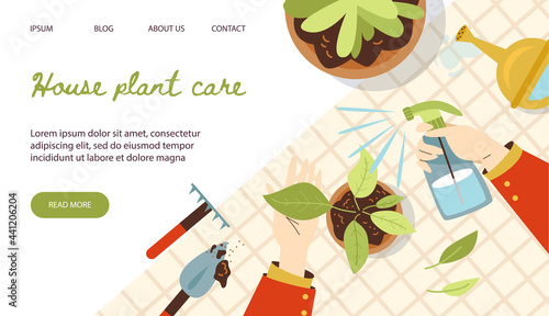House plant care banner with garden tools and plants, flat vector illustration.