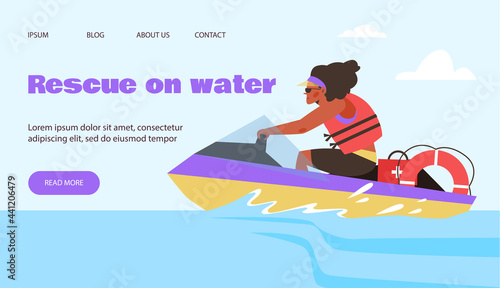 Rescue on water team banner with lifeguard on jet ski, flat vector illustration. photo
