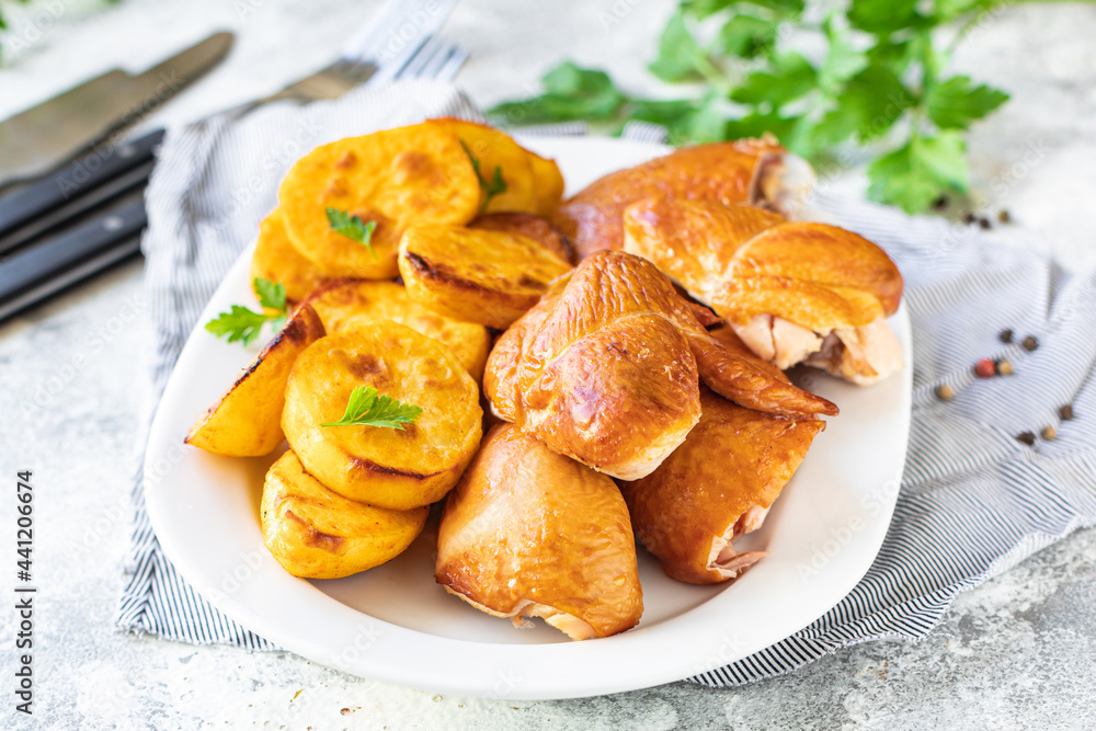 chicken and potatoes fried baked vegetable poultry meat dish on the table healthy meal snack copy space food background rustic chicken and potatoes fried baked vegetable poultry meat dish on the table healthy meal snack copy space food background rustic