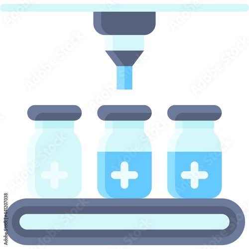 Vaccine bottle on factory belt icon, Vaccine Development related vector