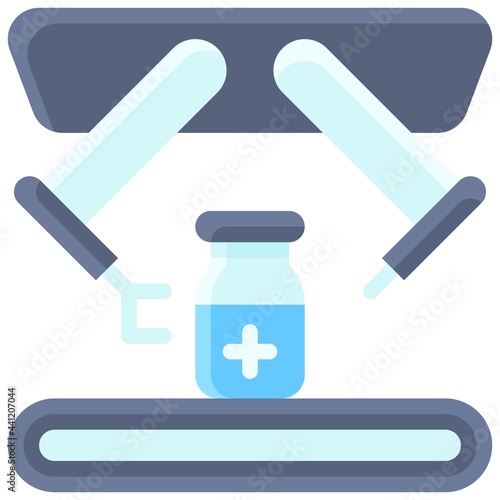 Vaccine bottle on factory belt icon, Vaccine Development related vector