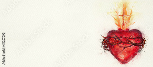 Christian heart with cross, flames and crown of thorns. Watercolor