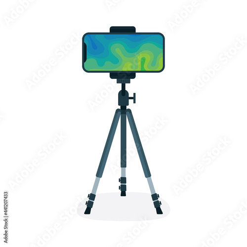 Tripod with mobile phone and abstract wallpaper on screen. Adjustable tripod stand with smartphone. Selfie video production equipment. Flat and outline drawing vector illustrations set.