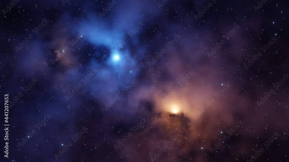 Space background with a nebula with two bright zones in the middle of the cosmos