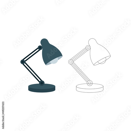 Lamp. Table lamp flat and outline drawing vector illustrations.  Part of office equipment set.