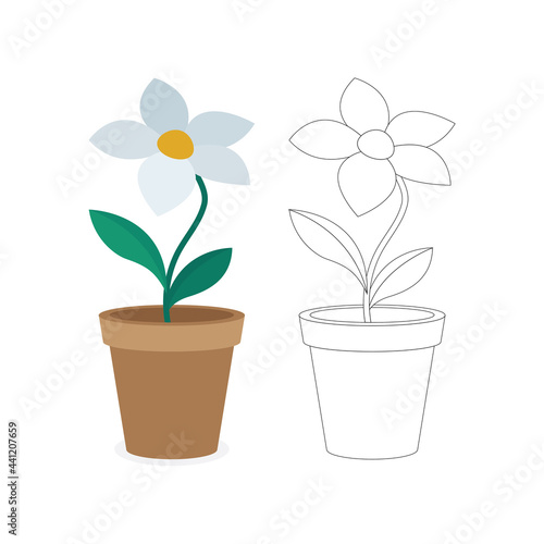 Flower in pot. Home plant. Little flower with green leaves in clay simple pot. Flat and outline drawing vector illustrations set.