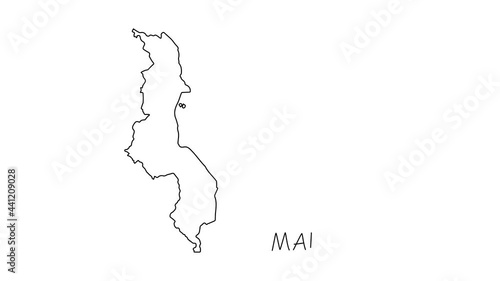 Malawi map animation line. Black line animation letters drawing on a white background. photo