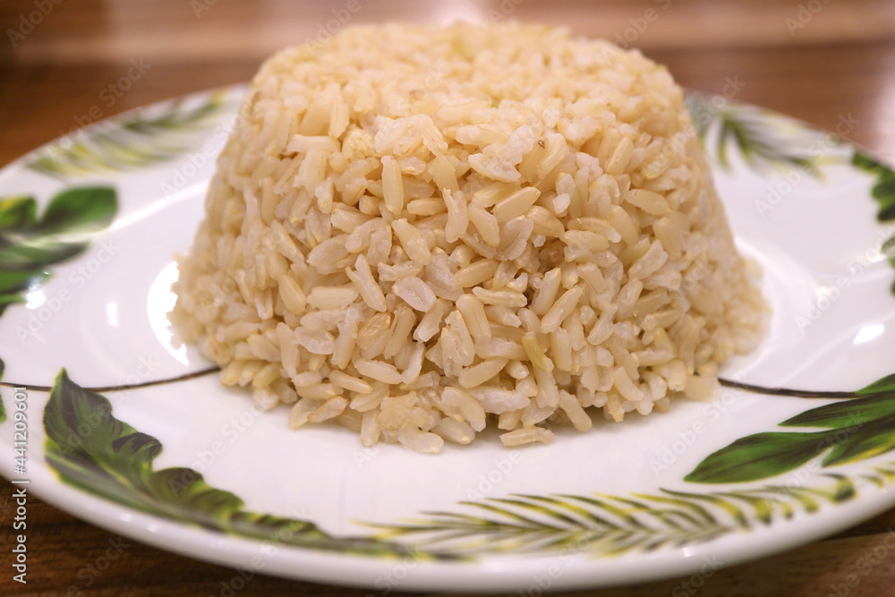 Closeup a Plate of Steamed Thai Brown Rice for the Concept of Healthy Food Closeup a Plate of Steamed Thai Brown Rice for the Concept of Healthy Food