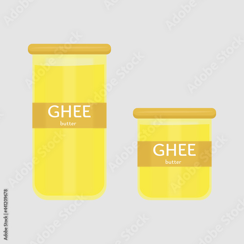 Glass jar with useful natural ghee butter. Ayurvedic Indian food. Big and small jars. Bright yellow ghee oil. Volumetric illustration
