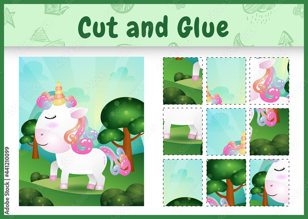 Children board game cut and glue with a cute unicorn