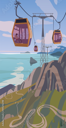 Cable car overlooking the sea. Vector.