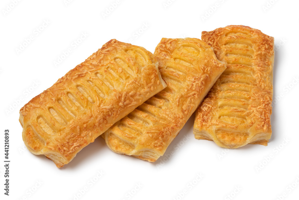 Three cheese puff pastry snacks isolated on white background Three cheese puff pastry snacks isolated on white background