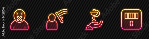 Set line Caduceus snake medical, Censor and freedom of speech, Police beat human and Prison cell door. Glowing neon icon. Vector