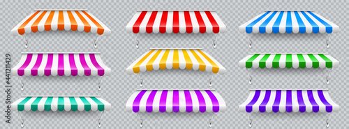 Colorful various shop sunshade with metal mount. Realistic striped cafe awning. Outdoor market tent. Roof canopy. Summer street store. Vector illustration.