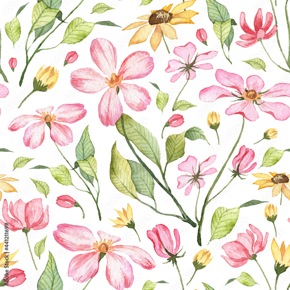 Seamless pattern with hand painted watercolor flowers