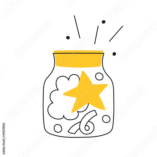 The star in a glass jar. A dream and a miracle, the concept of great idea and imagination. Thin line vector illustration on white.