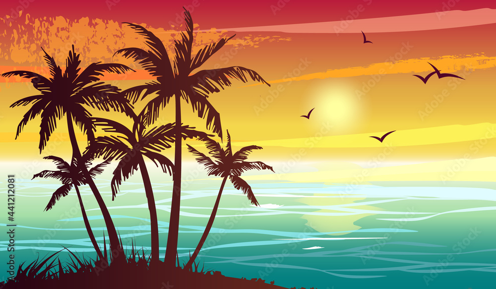 Tropical landscape with sea, sunset and silhouettes of palm trees. Abstract landscape. Tropical island.