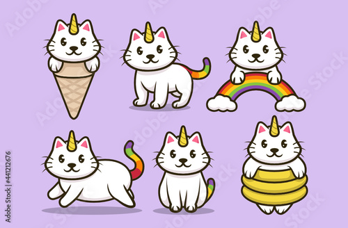 Set of cute cat unicorn mascot logo design