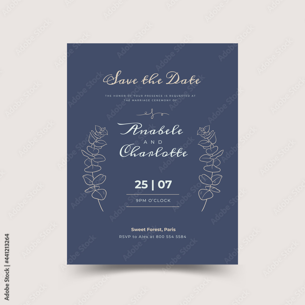 Set of card with line art leaf and brunch. Wedding ornament concept. Floral poster, invite. Vector decorative greeting card, invitation design background