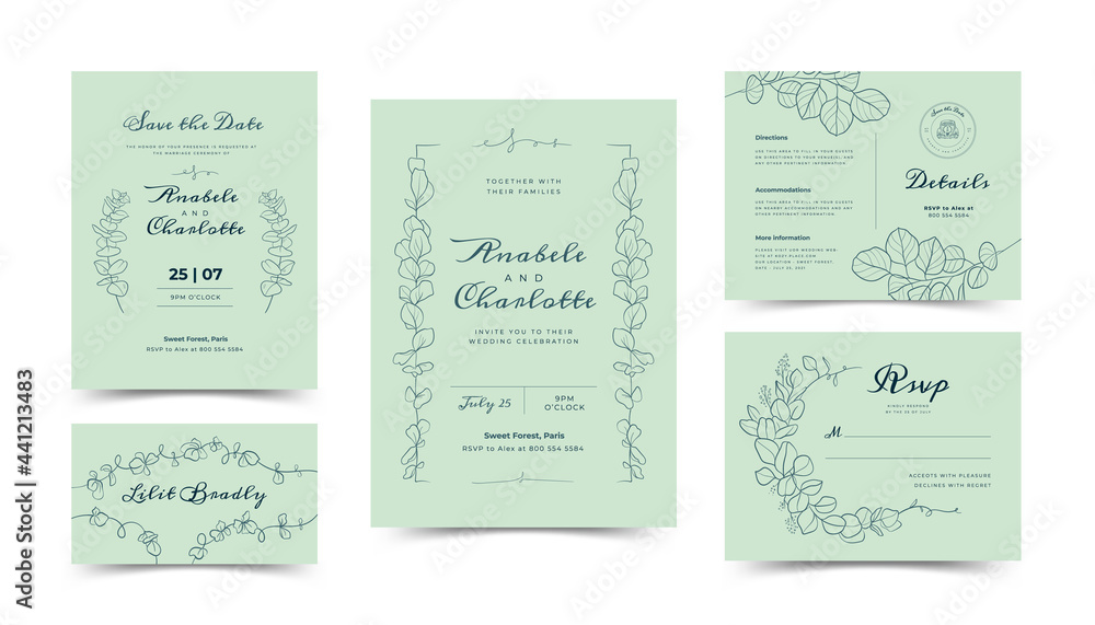 Set of card with line art leaf and brunch. Wedding ornament concept. Floral poster, invite. Vector decorative greeting card, invitation design background
