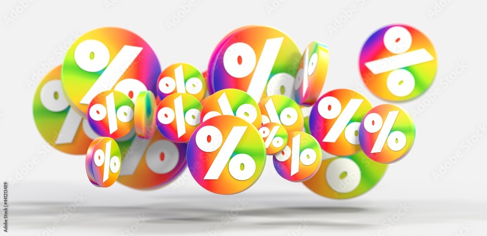 Exploding discount cubes with percent symbols.