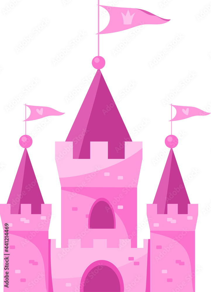 Fototapeta premium Cute cartoon pink vector kingdom ancient palace isolated on white. Childish fortress with towers of bricks, waving flags.