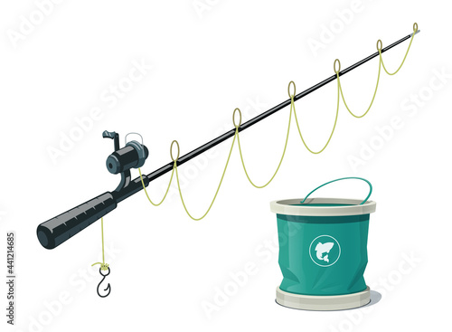 Rod and bucket for catching fish. Piscatory equipment, Isolated on white background. Eps10 vector illustration.