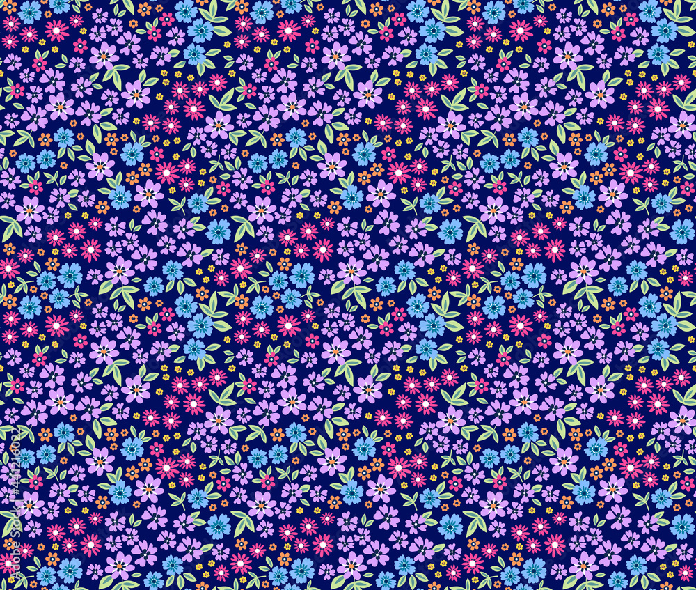 Seamless floral pattern. Ditsies background of small purple flowers. Small-scale flowers scattered over a blue violet background. Stock vector for printing on surfaces and web design. Seamless floral pattern. Ditsies background of small purple flowers. Small-scale flowers scattered over a blue violet background. Stock vector for printing on surfaces and web design.
