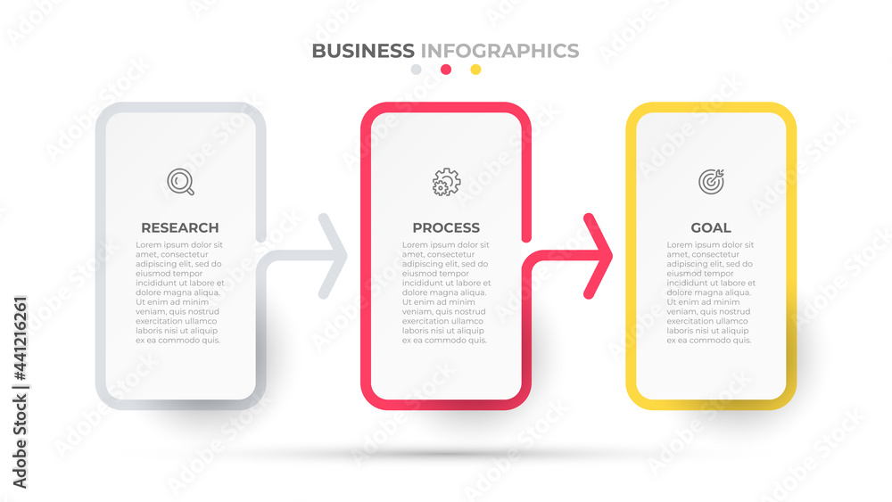 Obraz premium Business template process design with arrow. Timeline infographic with 3 options or steps. Vector illustration.