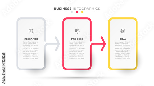 Business template process design with arrow. Timeline infographic with 3 options or steps. Vector illustration.