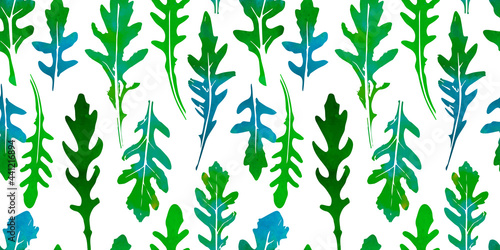 Seamless pattern of watercolor arugula leaves
