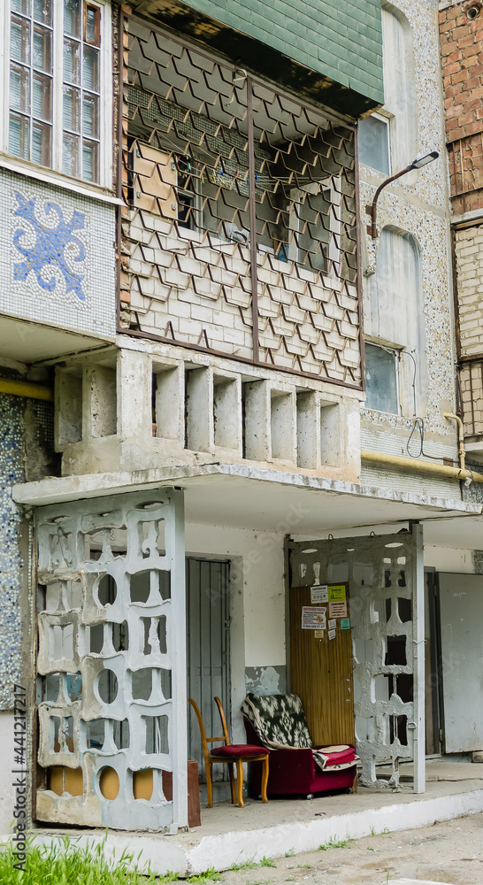 Colorful facade of a Soviet-built house. Derbent, Dagestan, Russia