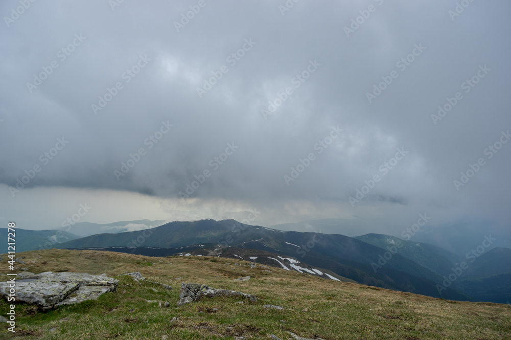 Rainy and foggy weather in the Carpathian mountains in summer