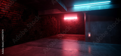 Neon Lights Grunge Sci Fi Underground Garage Car Room Cement Asphalt Concrete Brick Wall Realistic Blue Purple Colors Cyber Background 3D Rendering photo