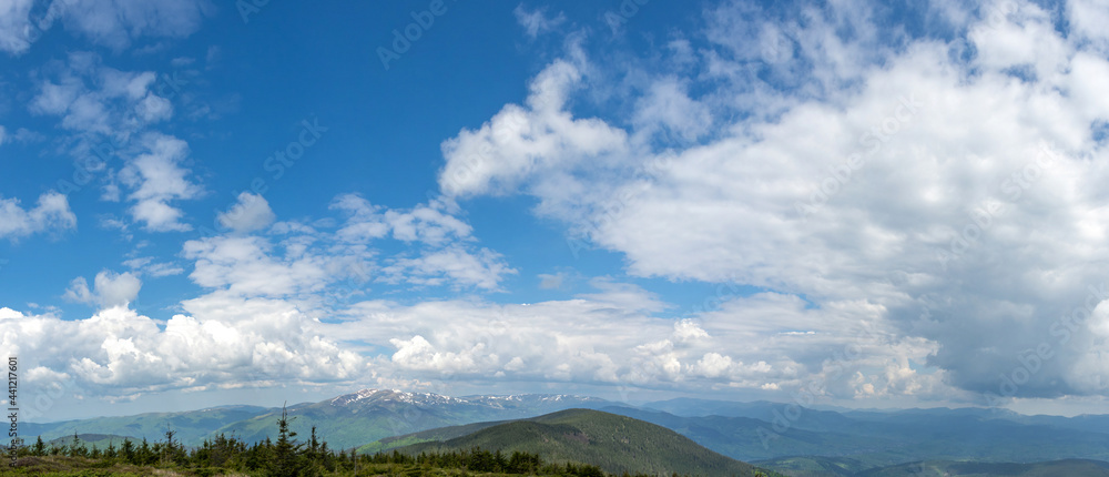 Panorama of the Carpathian mountains at the beginning of summer in Ukraine, rest and travel in the mountains