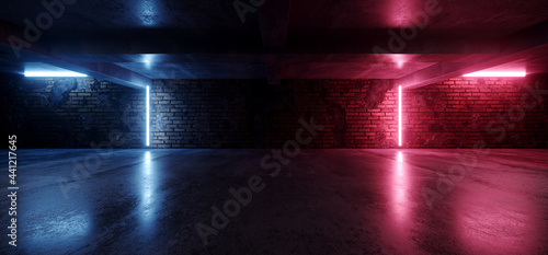 Fototapeta Naklejka Na Ścianę i Meble -  Neon Lights Grunge Sci Fi Underground Garage Car Room Cement Asphalt Concrete Brick Wall Realistic Blue Purple Colors Cyber Background 3D Rendering