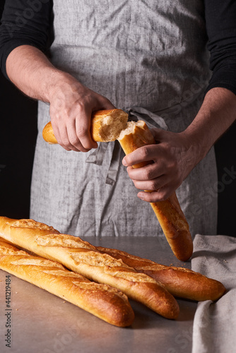 A man baker with a beard in a gray apron stands against a black background and holds  breaks  cuts off delicious  crispy bread  rolls  baguette