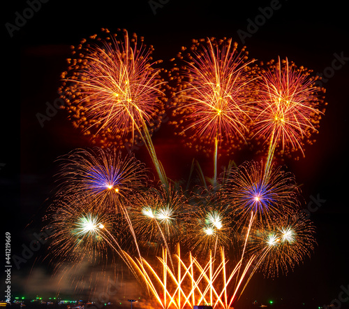 celebration happy new year and merry christmas firework isolated on black isolated background