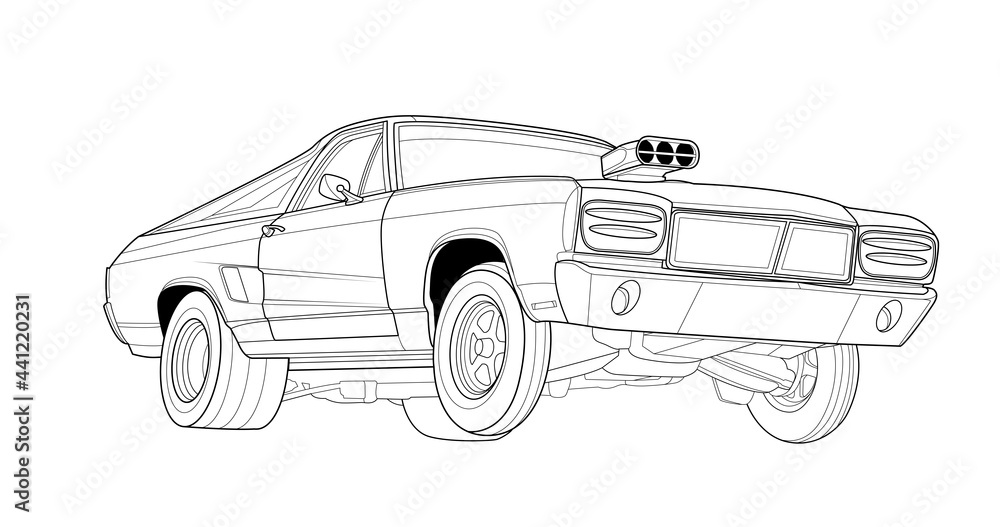 Line art vector car, concept design. Vehicle black contour outline sketch illustration isolated on white background. Stroke without fill. Cower drawing. Black-white icon.
