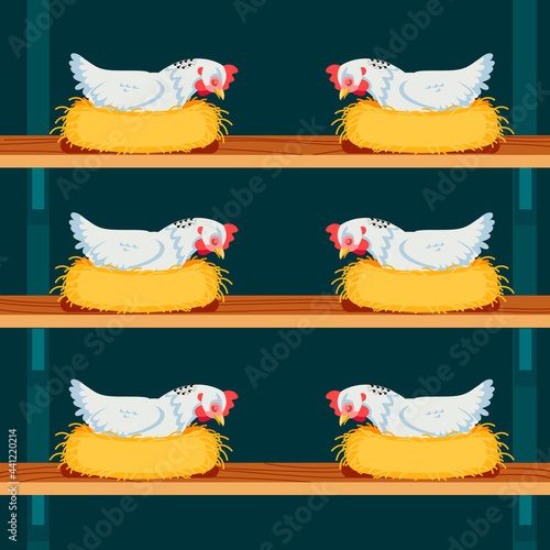 The hens is hatching the egg in the coop. White Chicken is sleeping and is hatching the eggs. Cartoon vector illustration