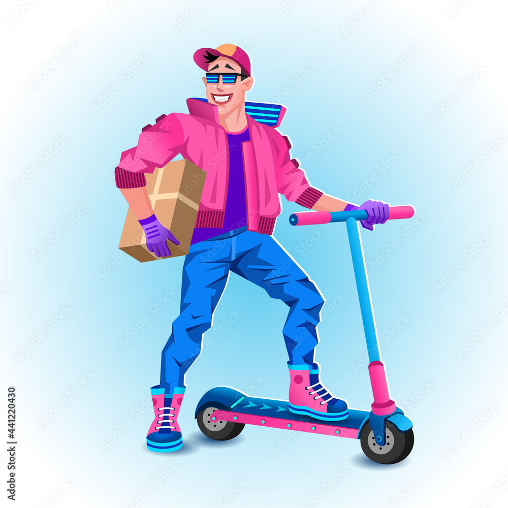 Fototapeta premium Courier on electric scooter with package box. Delivery service concept. Fast shipping service concept. Vector illustration. Cool delivery guy in sunglasses and cap staying on scooter with box.