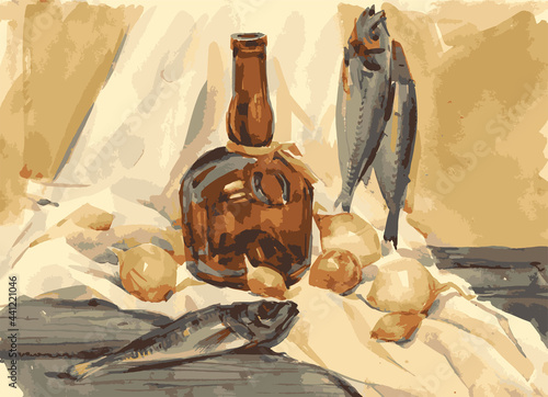 Vector watercolor image of still life with fish, onion, bottle, and yellow drapery