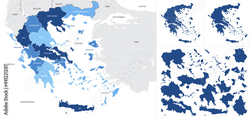 Detailed, vector, blue map of Greece with administrative divisions country photo