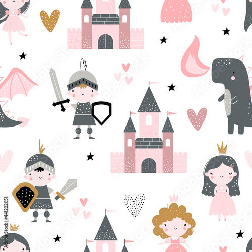 Vector hand-drawn colored childrens seamless repeating pattern with cute princess, dragon, castle, knight on a white background. Creative kids texture for fabric, wrapping, textile, wallpaper.