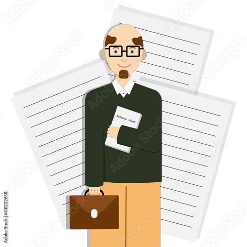 accountant financier economist businessman character man with glasses bald head smile report balance documents office employee