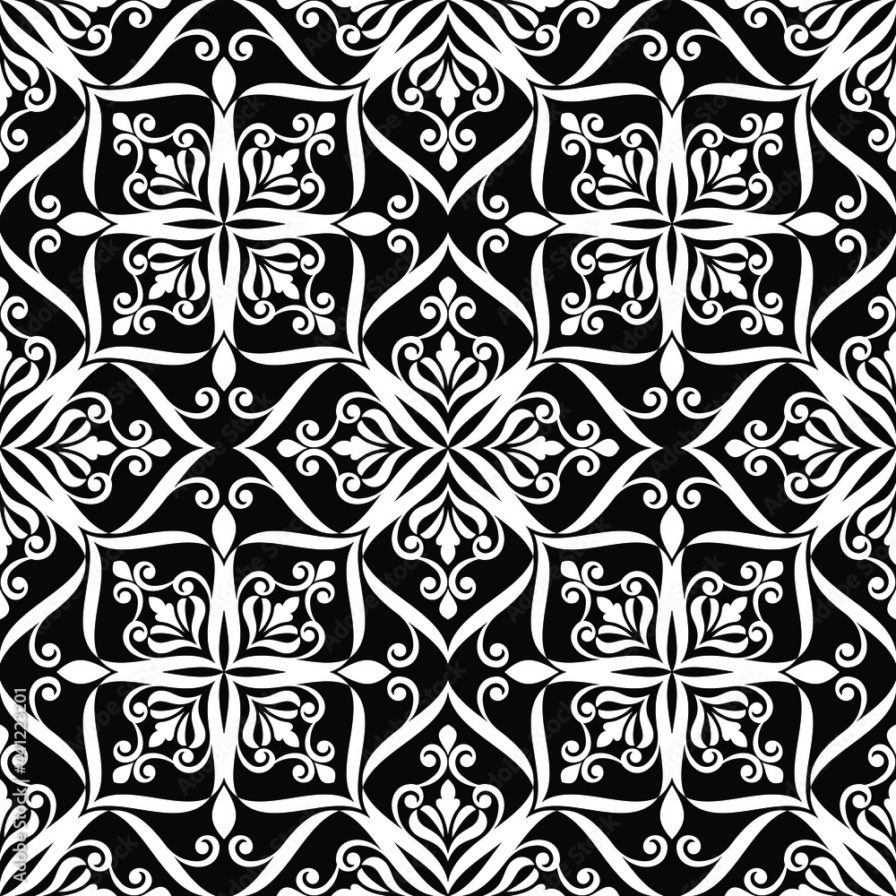 Wallpaper in the style of Baroque. A seamless background. Black and white Floral ornament.