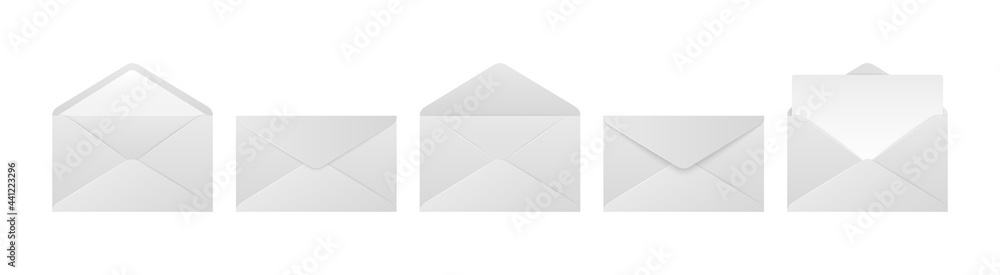Realistic envelopes. Folded unfolded envelope mockup set isolated on white background. Vector letter illustration Realistic envelopes. Folded unfolded envelope mockup set isolated on white background. Vector letter illustration